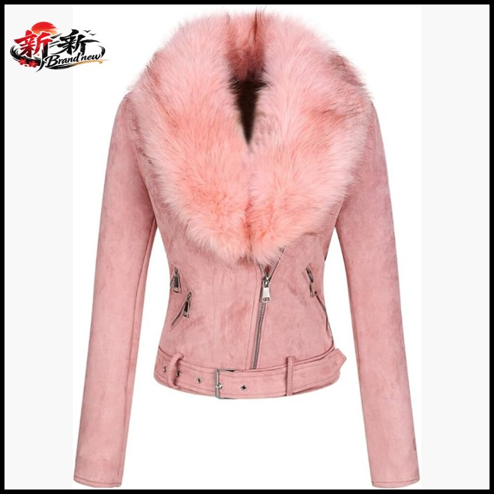Faux Leather Suede Moto Biker Jacket With Removable Belt Sherpa-Lined